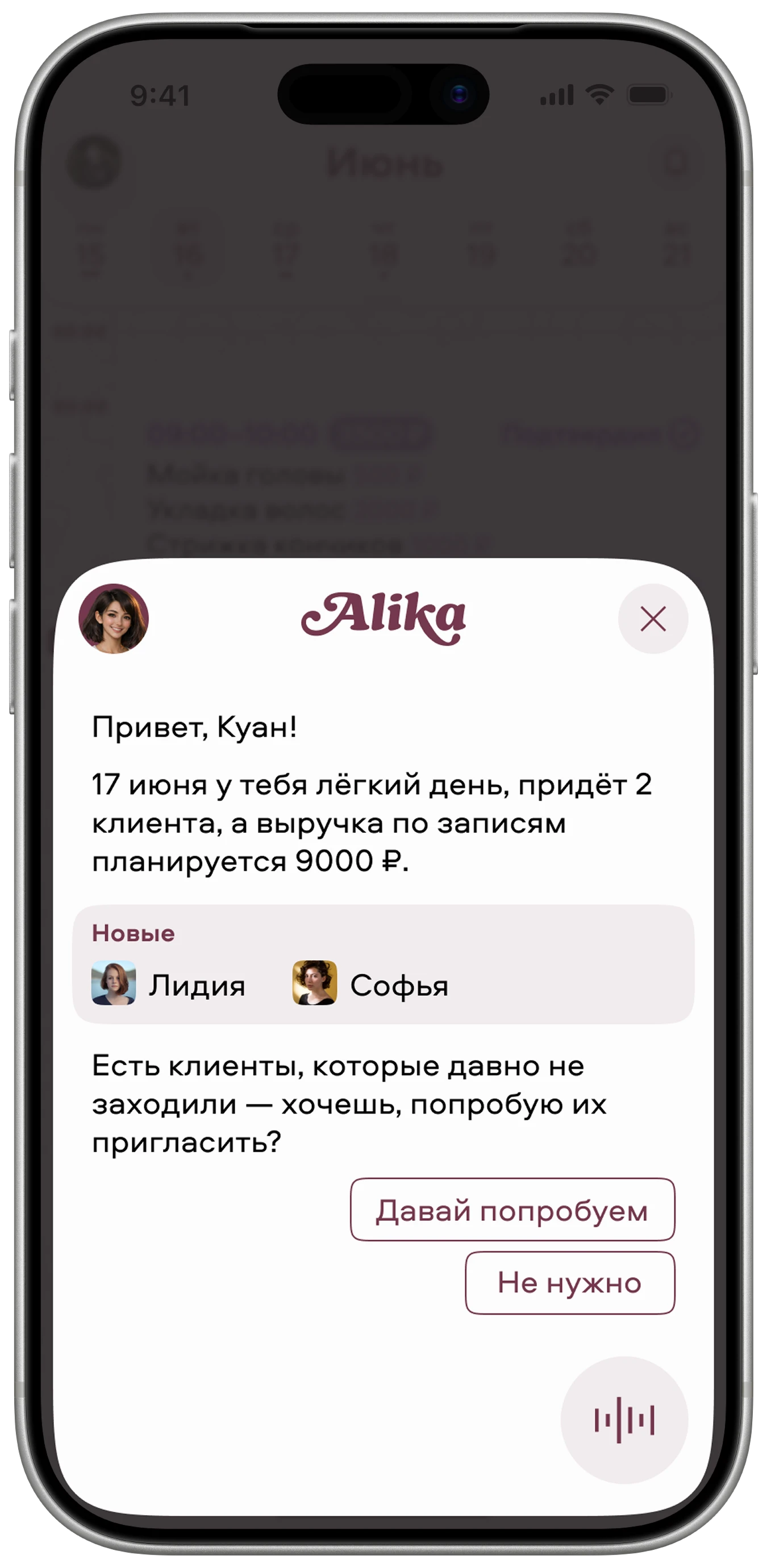 Экран Alika: приглашение клиентов, которых давно не было